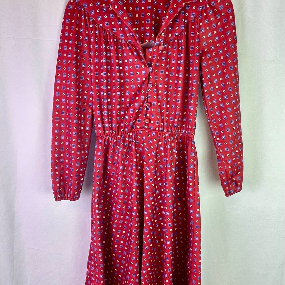 Vintage 1970s Sears Red Patterned Fit & Flare Long Sleeve Dress Size Small